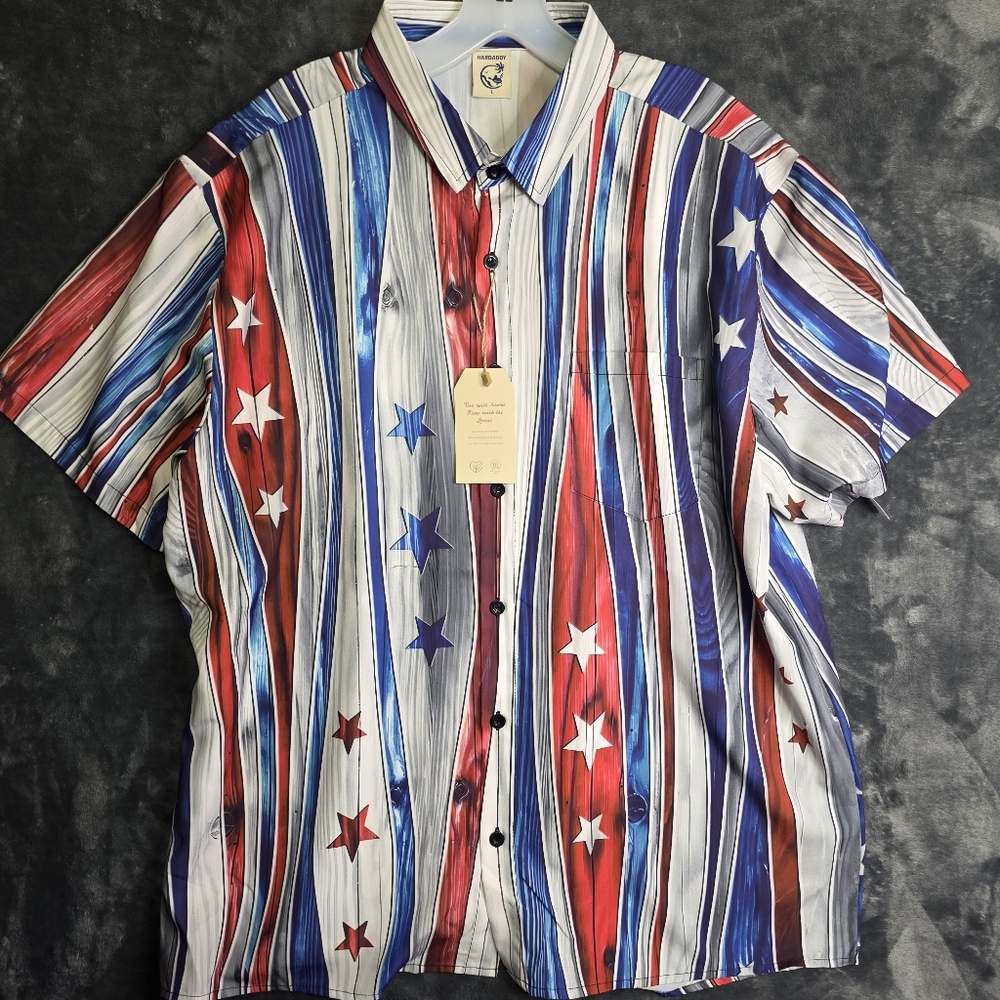 Hardaddy American Flag Striped Chest Pocket Short Sleeve Casual Shirt